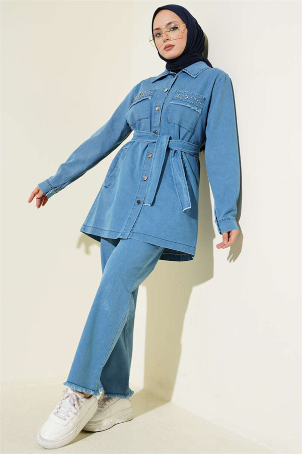 Denim 2 Piece Set with Pocket Embellished Belt, Light Blue