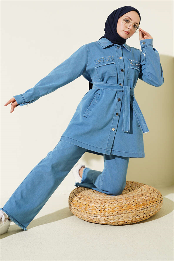 Denim 2 Piece Set with Pocket Embellished Belt, Light Blue