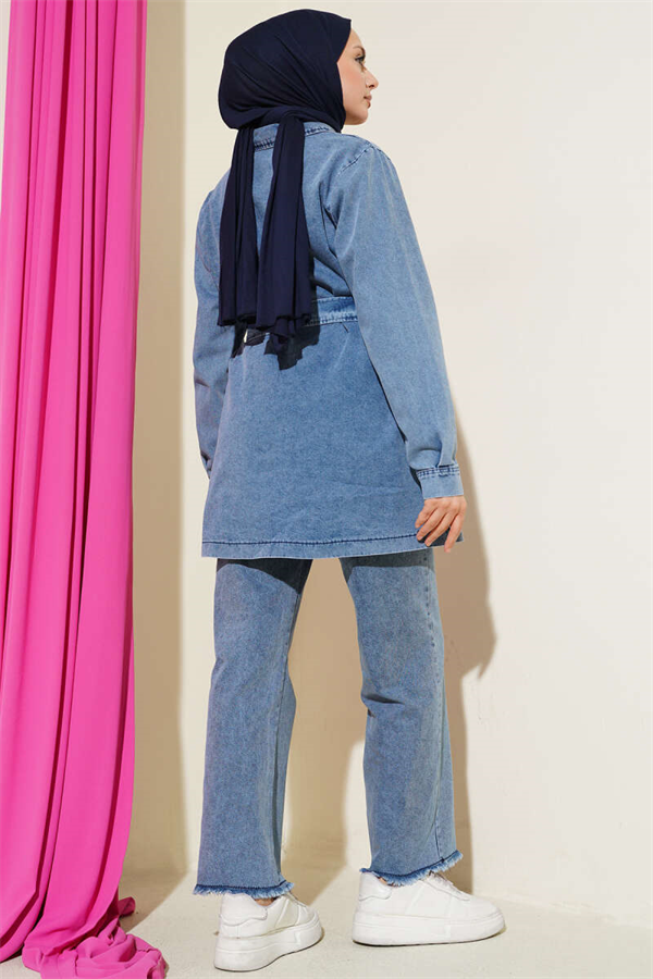 Denim 2 Piece Set with Pocket Embellished Belt, Denim Blue