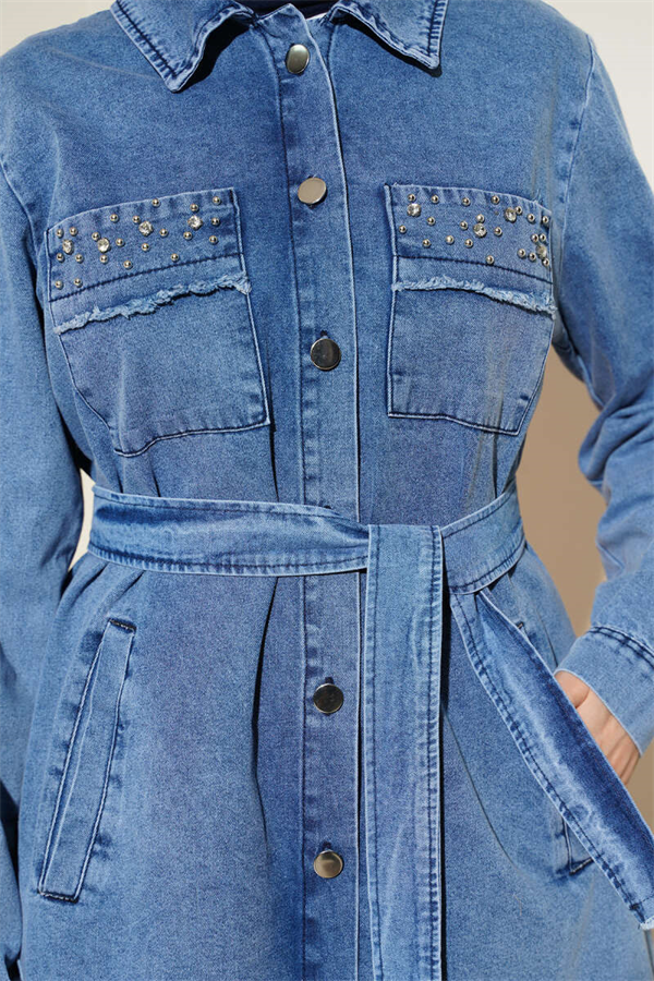 Denim 2 Piece Set with Pocket Embellished Belt, Denim Blue
