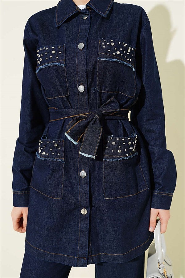 Dark Denim 2 Piece Set with Pocket Embellished Belt