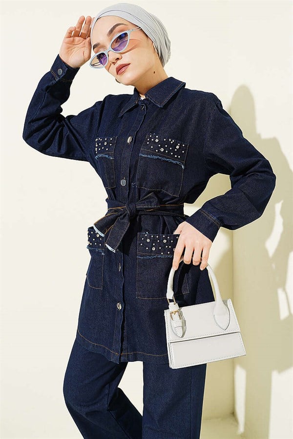Dark Denim 2 Piece Set with Pocket Embellished Belt