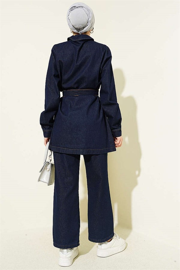 Dark Denim 2 Piece Set with Pocket Embellished Belt