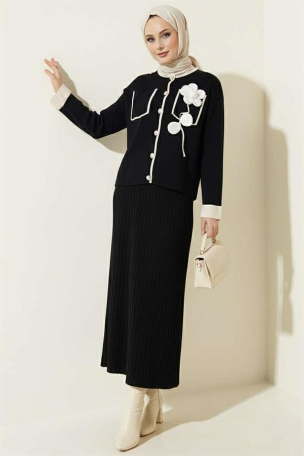 Two Piece Skirted Suit with Rose Embroidery on the Pocket, Black