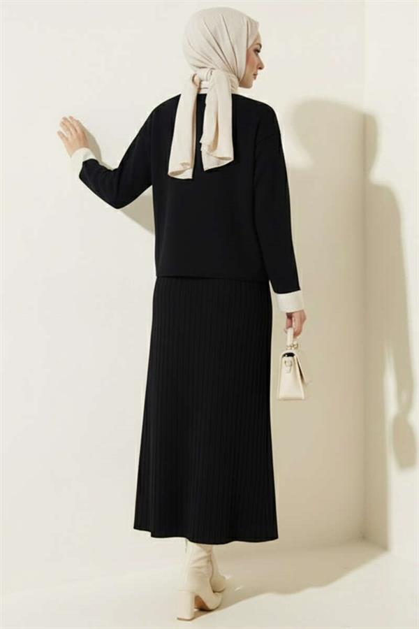 Two Piece Skirted Suit with Rose Embroidery on the Pocket, Black