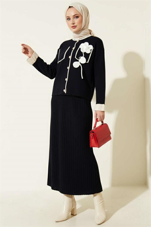 Navy Blue Two Piece Skirt Suit with Rose Embroidery on the Pocket
