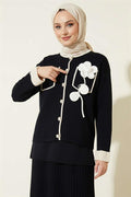 Navy Blue Two Piece Skirt Suit with Rose Embroidery on the Pocket