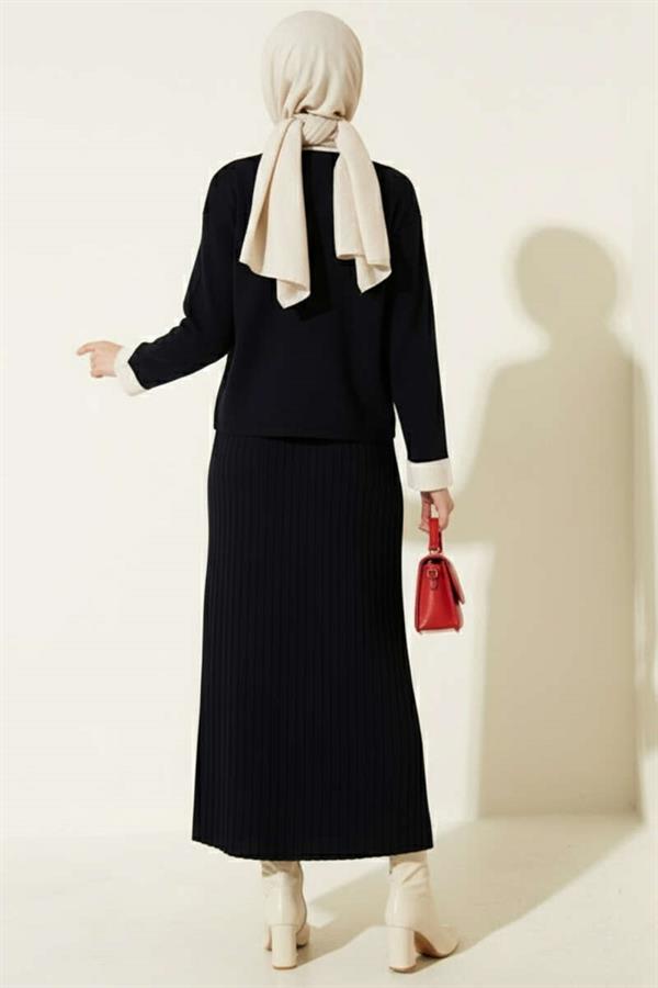 Navy Blue Two Piece Skirt Suit with Rose Embroidery on the Pocket