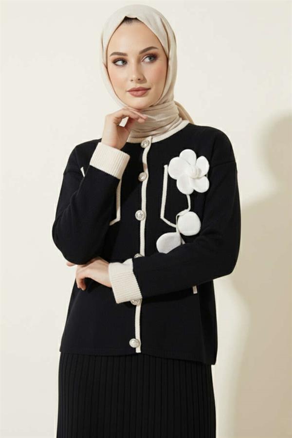 Two Piece Skirted Suit with Rose Embroidery on the Pocket, Black
