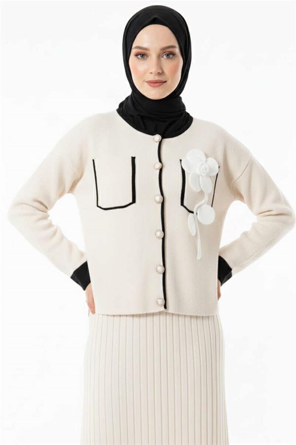 Two-Piece Skirted Suit with Rose Embroidery on the Pocket, Beige