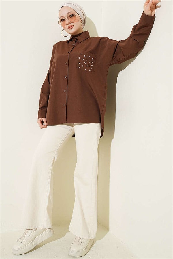 Pocket Studded Basic Shirt, Brown