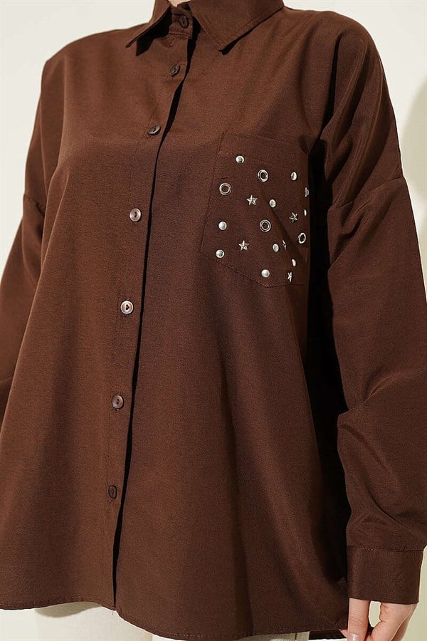 Pocket Studded Basic Shirt, Brown