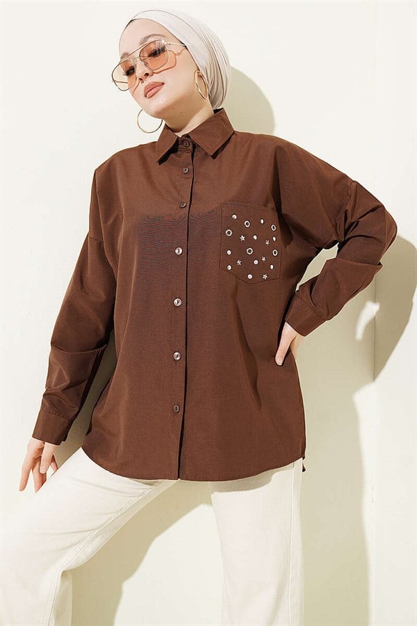 Pocket Studded Basic Shirt, Brown