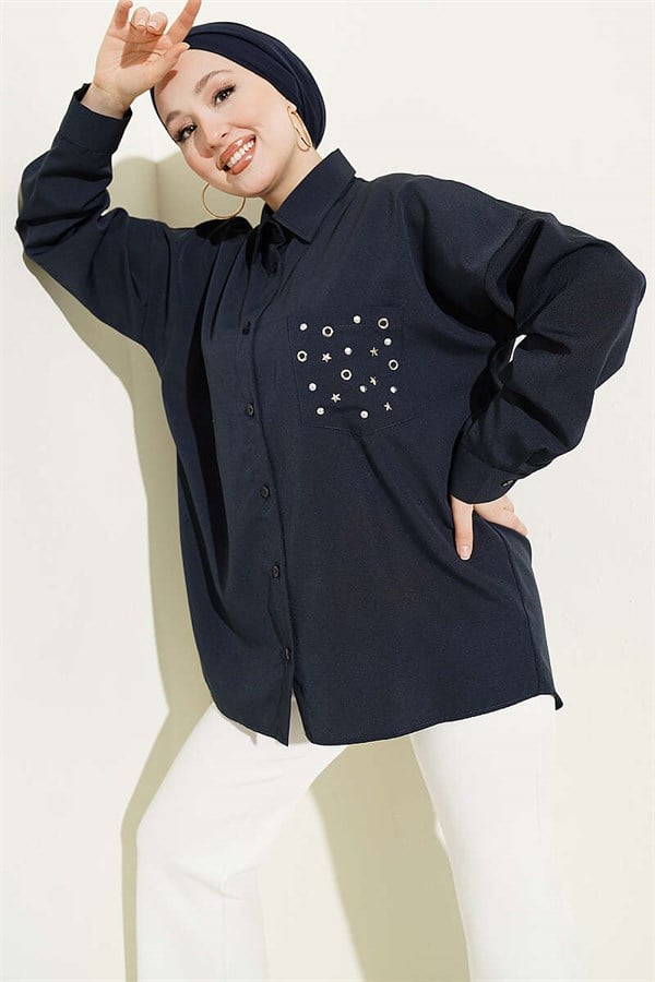 Pocket Studded Basic Shirt Navy Blue