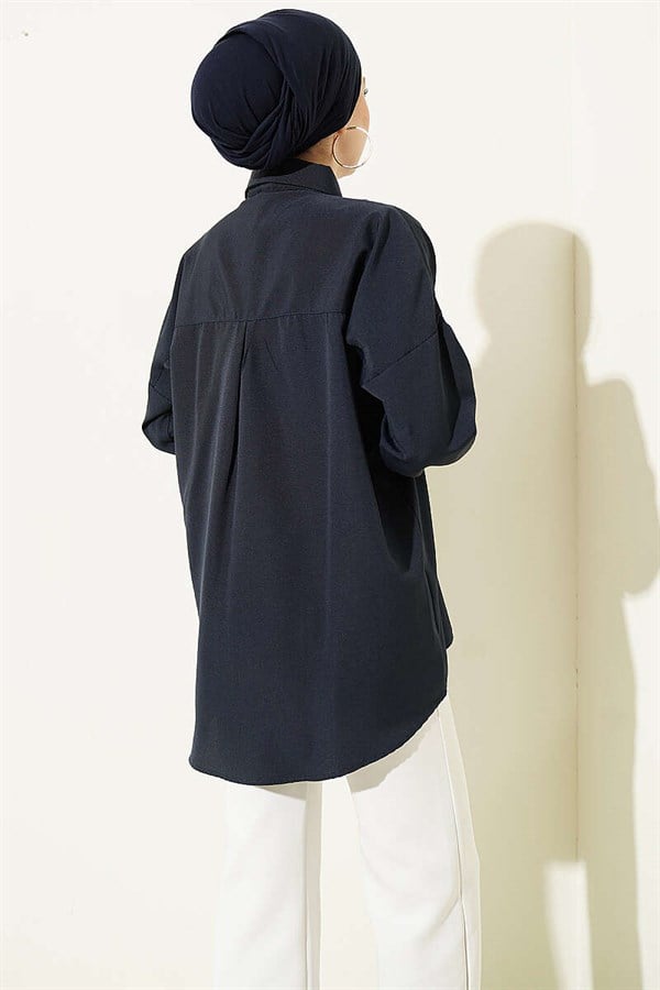 Pocket Studded Basic Shirt Navy Blue