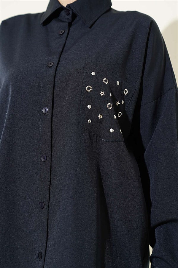 Pocket Studded Basic Shirt Navy Blue