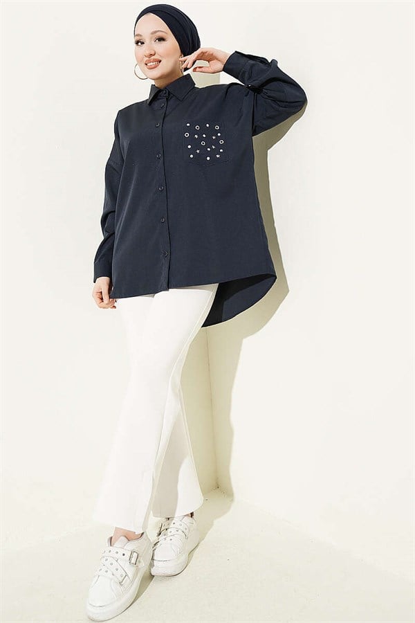 Pocket Studded Basic Shirt Navy Blue