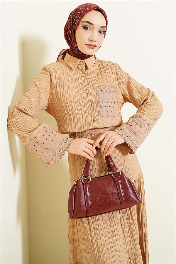 Latte 2 Piece Set with Embroidered Pockets and Cuffs and Crinkle Skirt