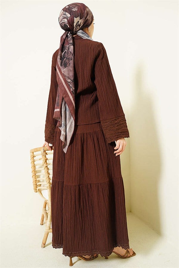 Coffee Brown 2 Piece Set with Embroidered Pockets and Cuffs and Crinkle Skirt