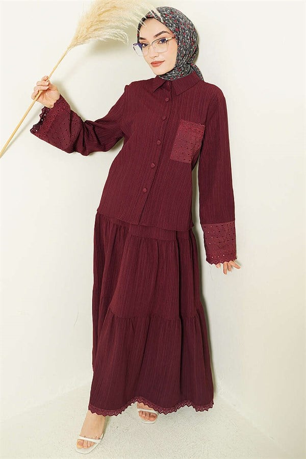 Burgundy 2 Piece Set with Embroidered Pockets and Cuffs and Crinkle Skirt