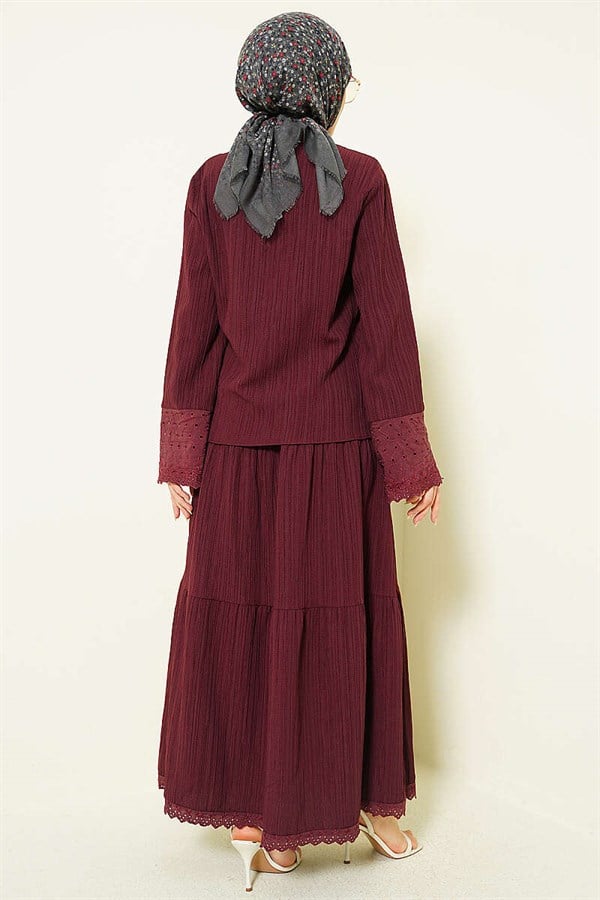 Burgundy 2 Piece Set with Embroidered Pockets and Cuffs and Crinkle Skirt