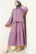 2 Piece Set with Embroidered Pockets and Cuffs, Crinkle Skirt, Lilac