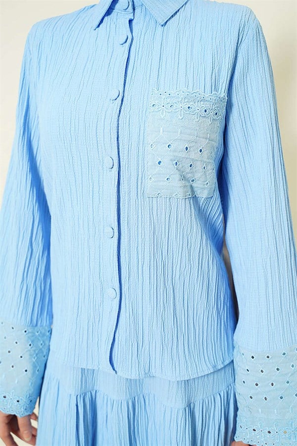 Baby Blue 2 Piece Set with Embroidered Pockets and Cuffs and Crinkle Skirt