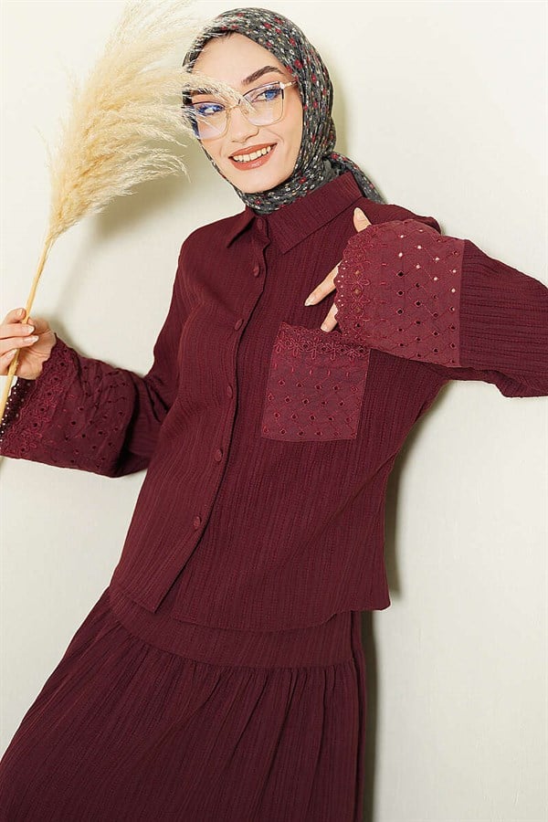 Burgundy 2 Piece Set with Embroidered Pockets and Cuffs and Crinkle Skirt