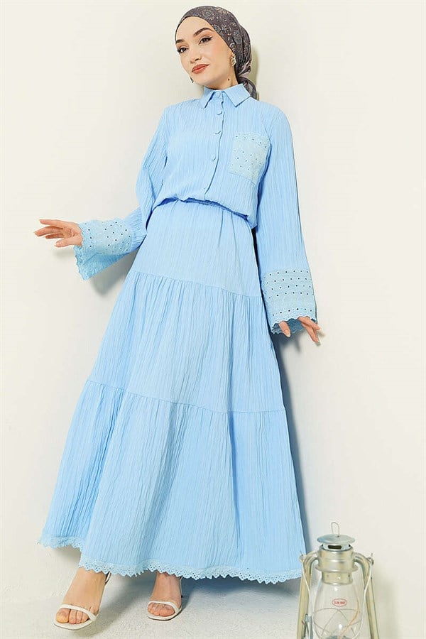 Baby Blue 2 Piece Set with Embroidered Pockets and Cuffs and Crinkle Skirt