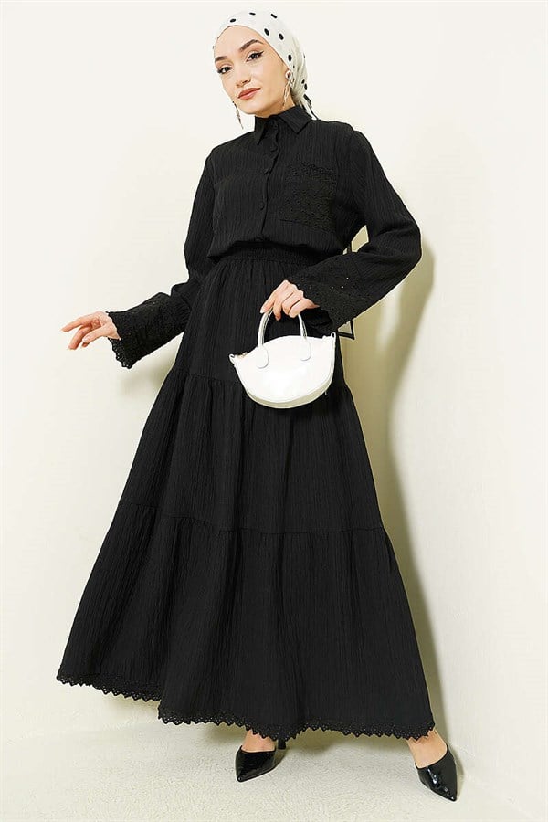 Black 2 Piece Set with Embroidered Pockets and Cuffs and Crinkle Skirt