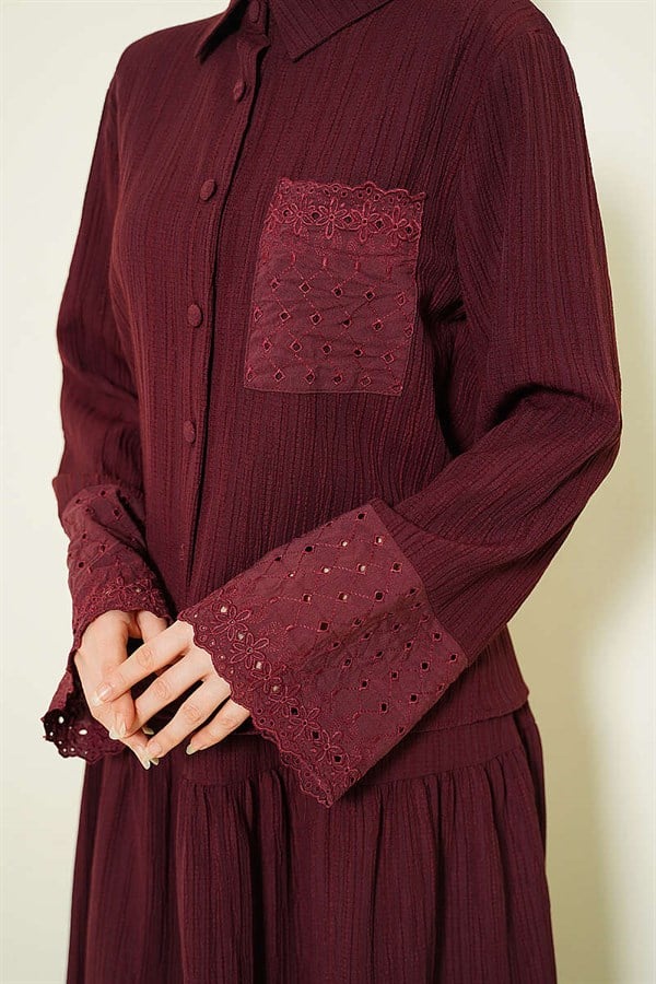 Burgundy 2 Piece Set with Embroidered Pockets and Cuffs and Crinkle Skirt