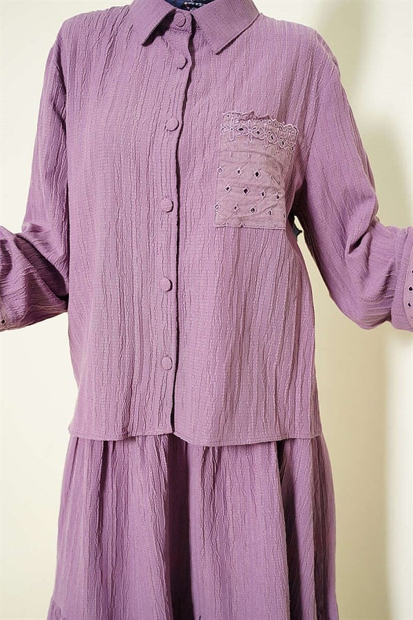 2 Piece Set with Embroidered Pockets and Cuffs, Crinkle Skirt, Lilac
