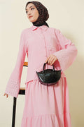 Pink 2 Piece Set with Embroidered Pockets and Cuffs and Crinkle Skirt