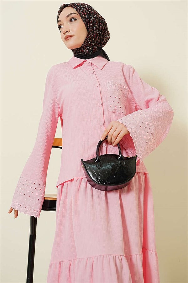 Pink 2 Piece Set with Embroidered Pockets and Cuffs and Crinkle Skirt