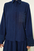 Navy Blue 2 Piece Set with Embroidered Pockets and Cuffs and Crinkle Skirt