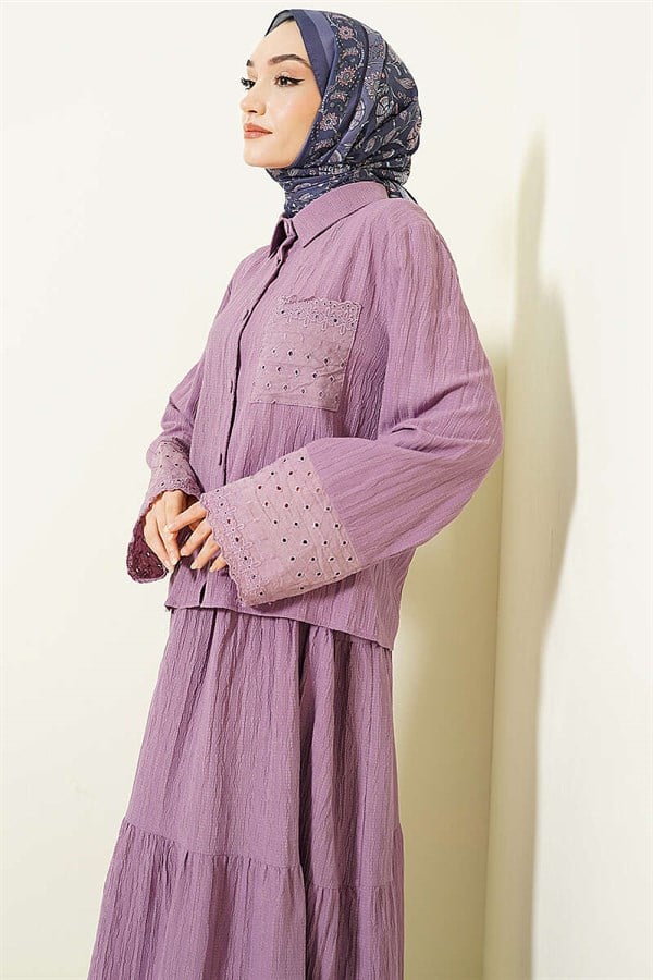 2 Piece Set with Embroidered Pockets and Cuffs, Crinkle Skirt, Lilac