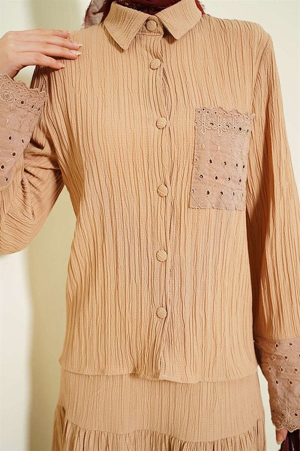Latte 2 Piece Set with Embroidered Pockets and Cuffs and Crinkle Skirt