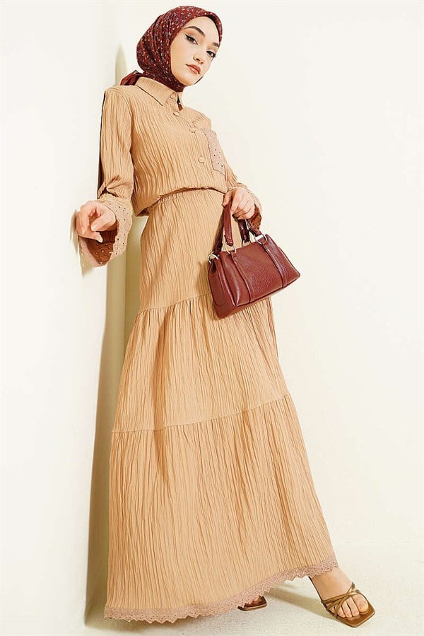 Latte 2 Piece Set with Embroidered Pockets and Cuffs and Crinkle Skirt
