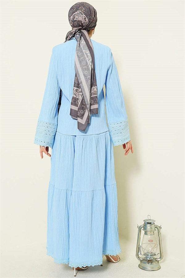 Baby Blue 2 Piece Set with Embroidered Pockets and Cuffs and Crinkle Skirt
