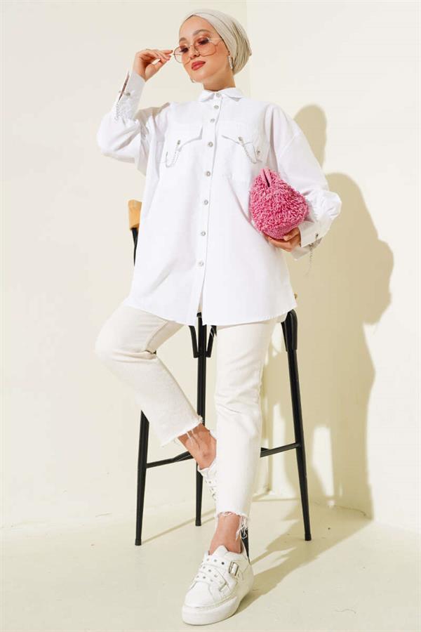 Pocket and Cuff Chain Shirt White