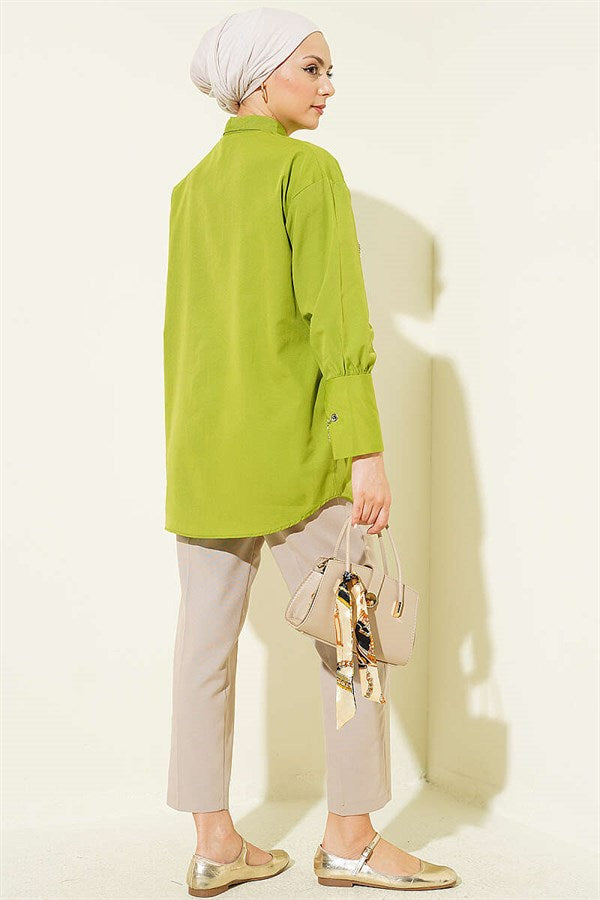 Shirt with Chain Detail on Pockets and Cuffs, Pistachio Green