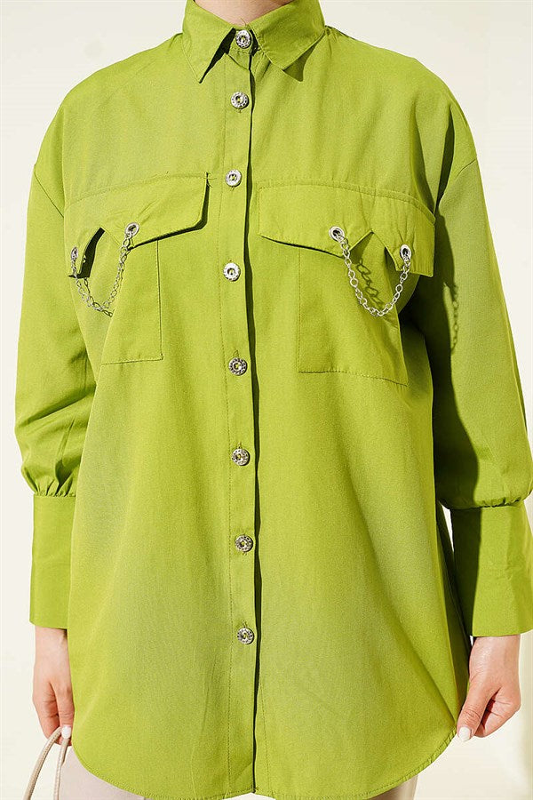 Shirt with Chain Detail on Pockets and Cuffs, Pistachio Green