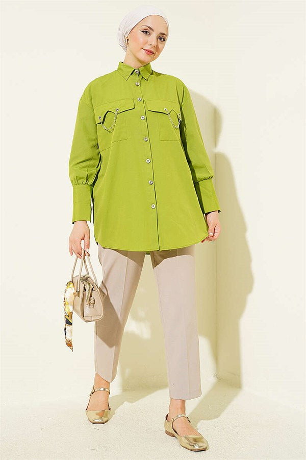 Shirt with Chain Detail on Pockets and Cuffs, Pistachio Green