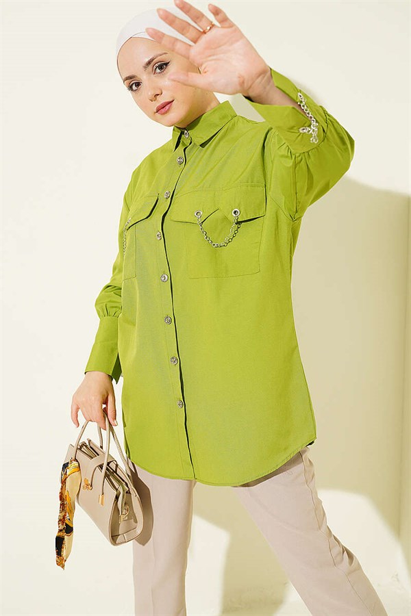 Shirt with Chain Detail on Pockets and Cuffs, Pistachio Green