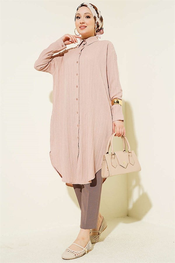 Long Loose-fitting Shirt with Pockets and Tree Bark Pattern, Beige