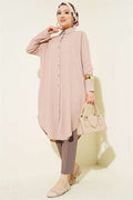 Long Loose-fitting Shirt with Pockets and Tree Bark Pattern, Beige