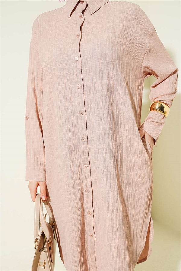 Long Loose-fitting Shirt with Pockets and Tree Bark Pattern, Beige