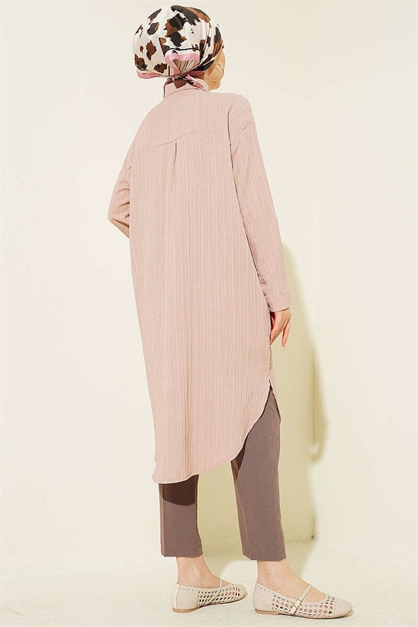 Long Loose-fitting Shirt with Pockets and Tree Bark Pattern, Beige