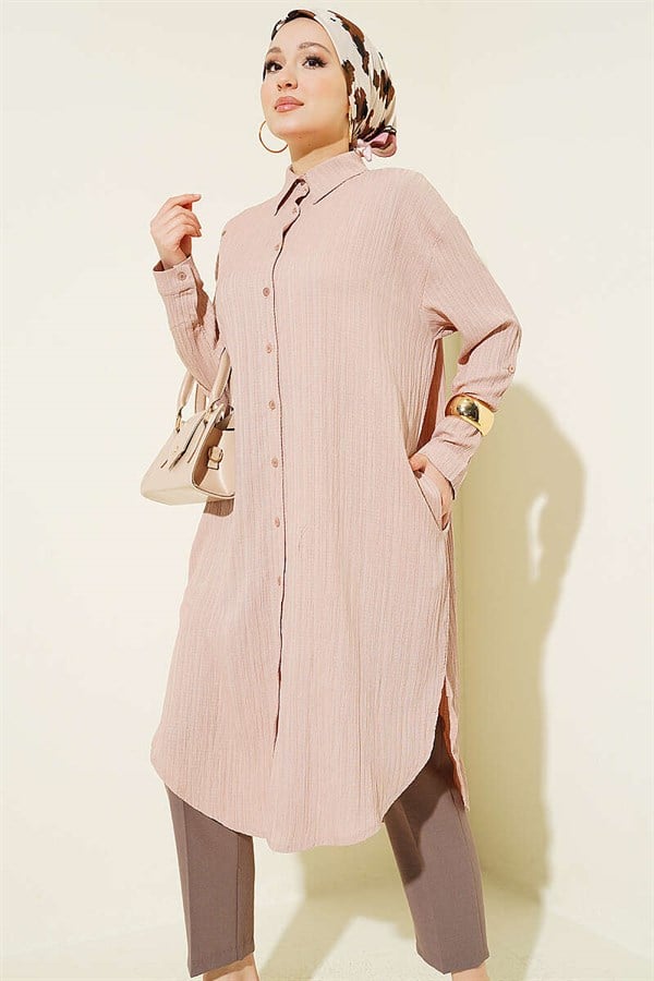 Long Loose-fitting Shirt with Pockets and Tree Bark Pattern, Beige