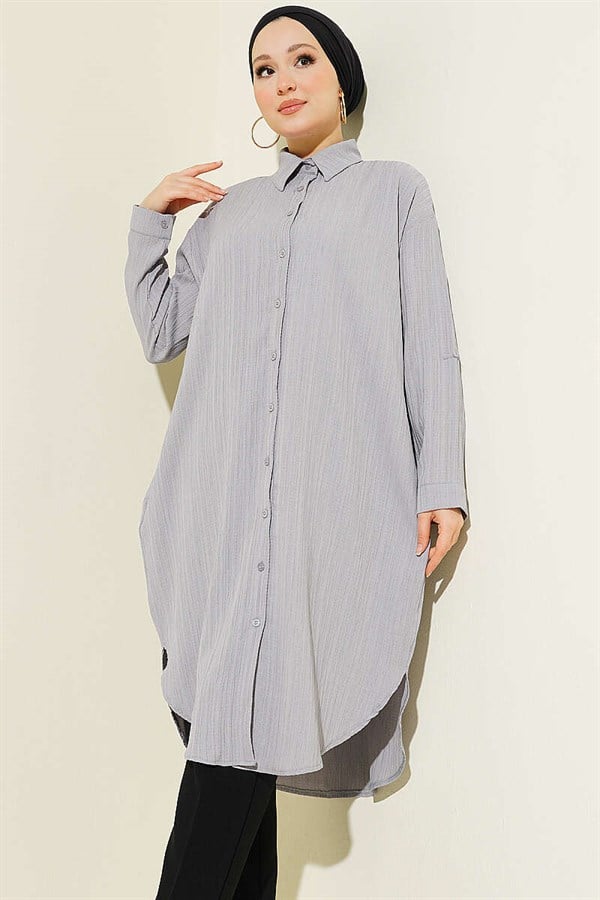 Long Loose-fitting Tree Bark Shirt with Pockets, Grey
